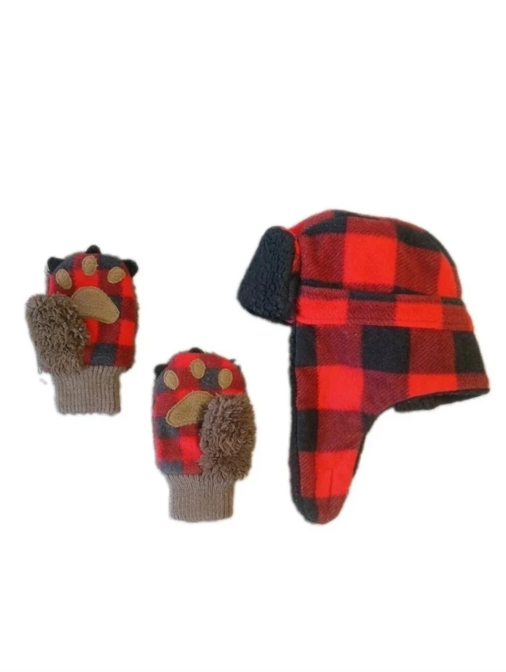 Baby Gap Size XS/S Bear Paw Mittens and Trapper Hat Bundle Red Black Brown Plush